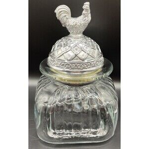 Vintage Artland  Glass Canister with Rooster Pewter Lid 9.5” EUC